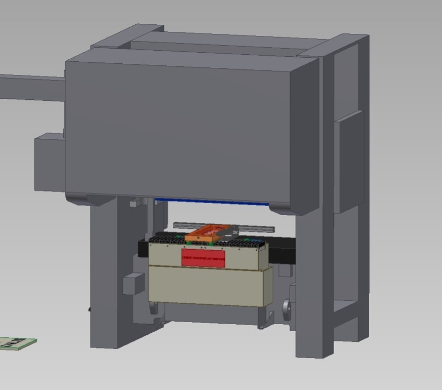 A rendering of a press with a Linear Automation bolster-mounted transfer system on it.