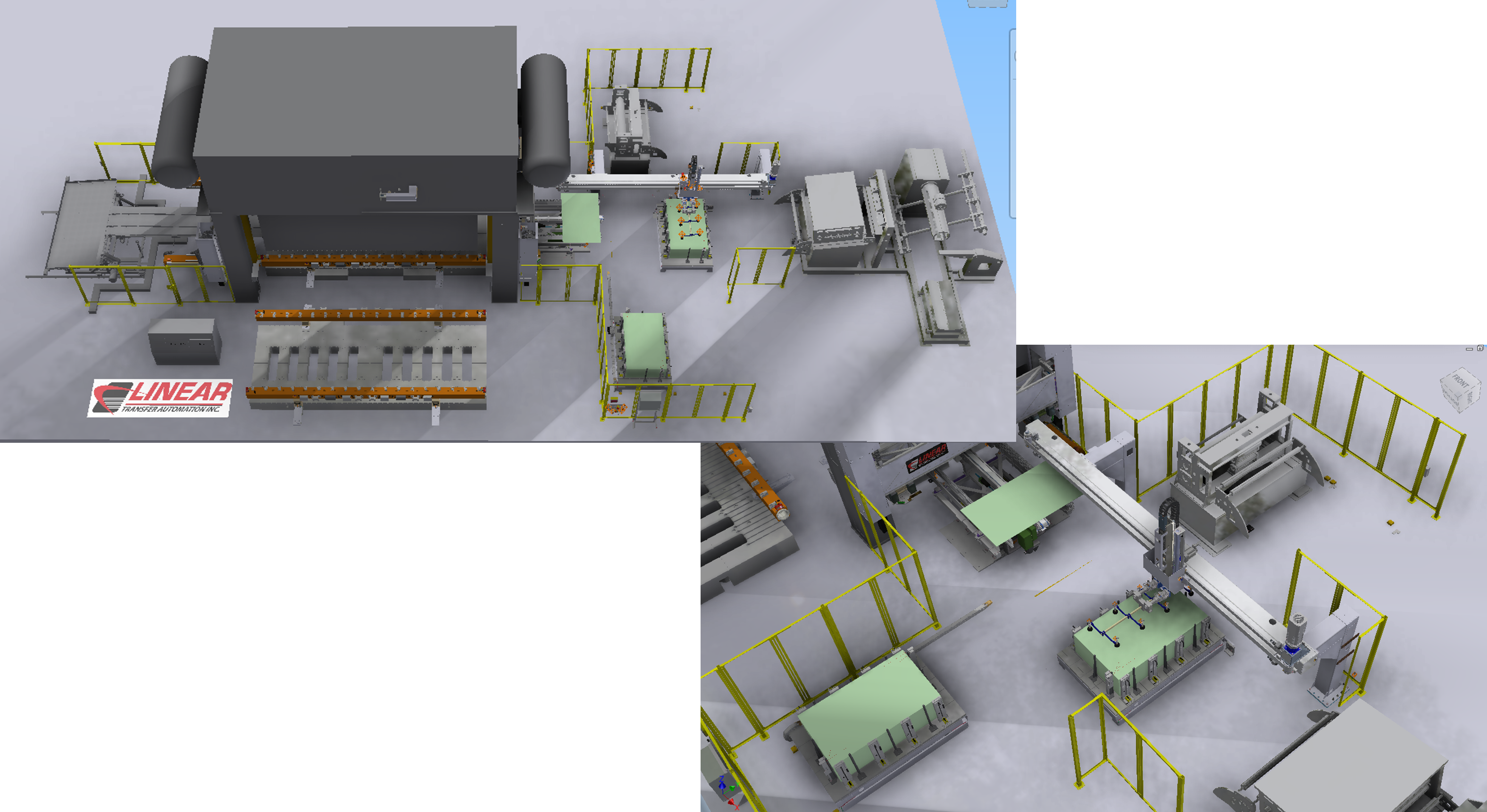 A simulated image of the front of a metal forming line highlighting Linear Automation pick-and-place blank feeder and window mounted transfer system on the press.