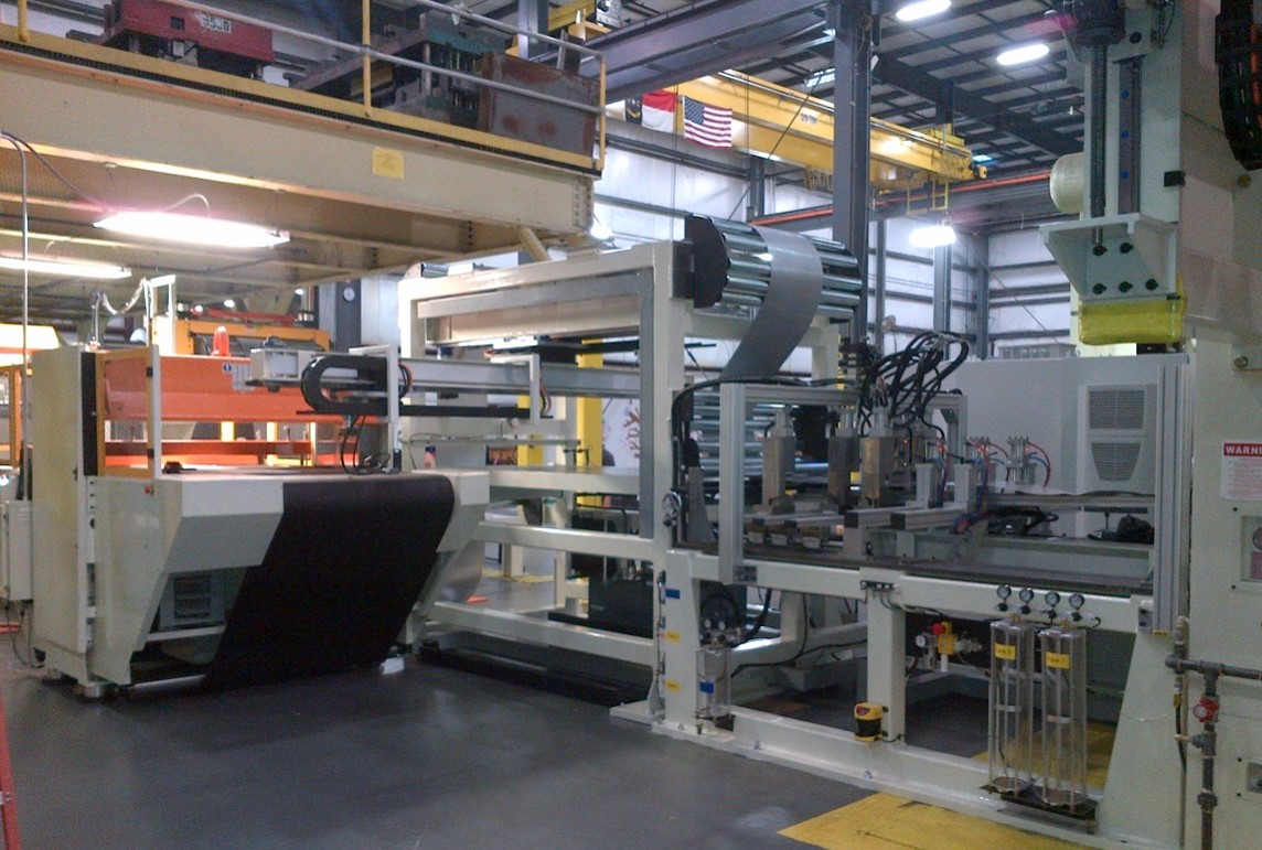 Linear Automation multi-layer turn key solution highlighting a coil feeder on a line producing heat shields.