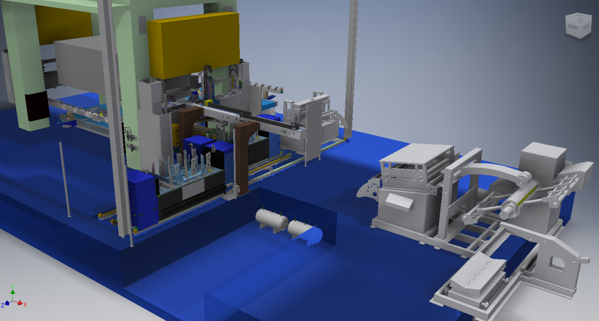 A simulated image of the front of a metal forming line highlighting Linear Automation pick-and-place blank feeder and window mounted transfer system on the press.