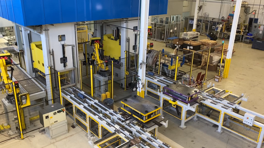 Linear Automation turnkey solution using robotic press-to-press technology to produce EV batteries.