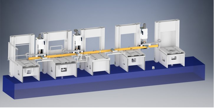 Rendered small presses arranged in tandem with Linear Automation tandem line systems outfitted.
